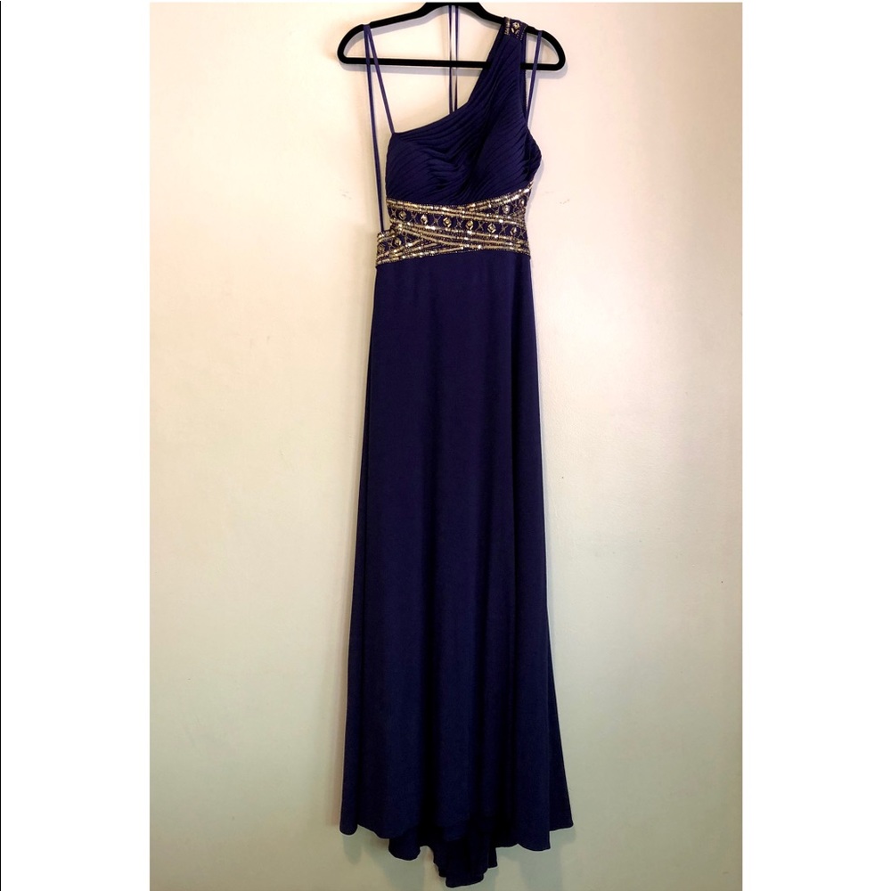 Formal women’s one shoulder bead trim floor gown